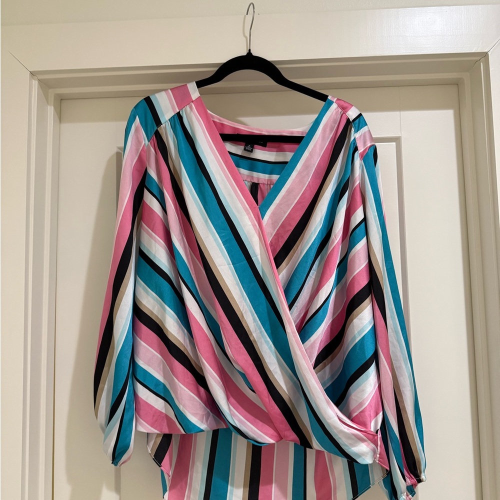 INC International Concepts Pink Teal White Black Striped Wrap Blouse